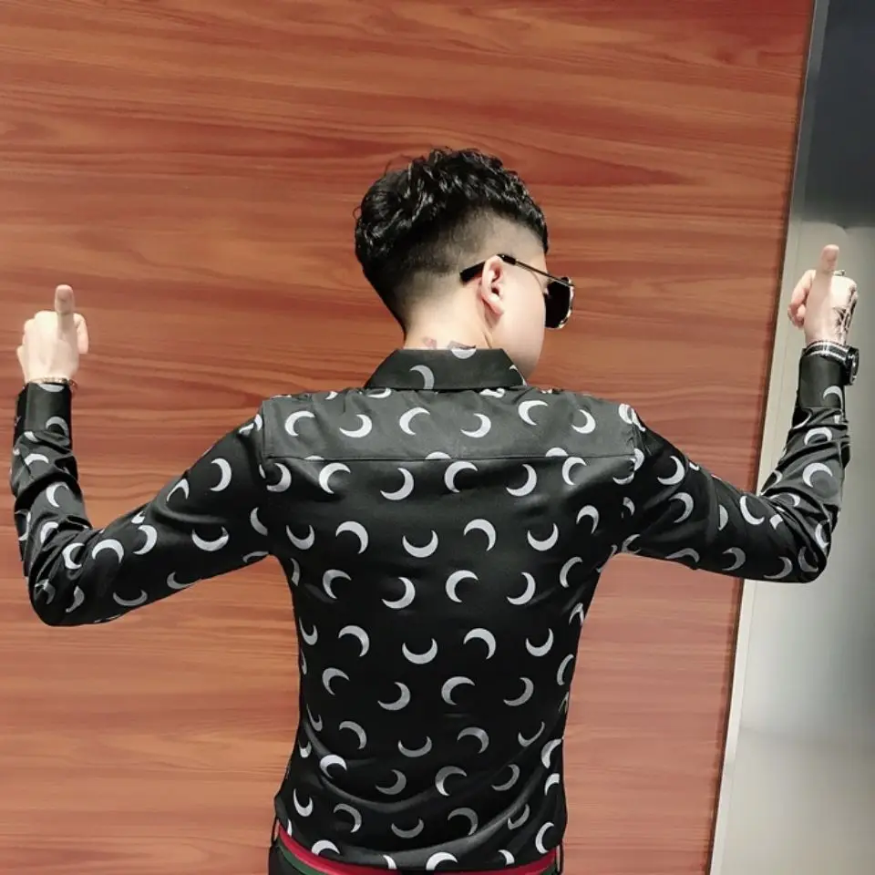 Men's long sleeve printed shirt spring new handsome fashion Korean slim shirt