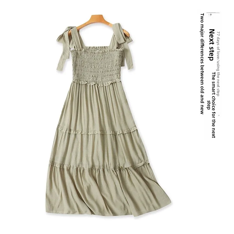 Novo Vestido Midi F de Verão, Sem Alças, com Laço, Elástico, Psado, Estilo Camadas, Cintura Alta, Sem Mangas, Cor P...