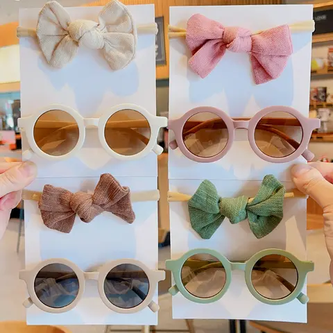 2 개/대 새 아기 소녀 귀여운 솔리드 컬러 코튼 Bowknot 머리띠 라운드 선글라스 세트 어린이 선글라스 어린이 헤어 액세서리