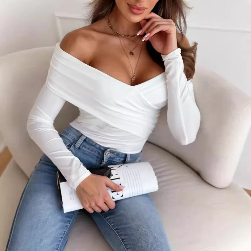 Fashionable Sexy Shoulder-baring Long Sleeve T-shirt Women's Top Cross-border Autumn Winter  Color Slim Fit Polyester
