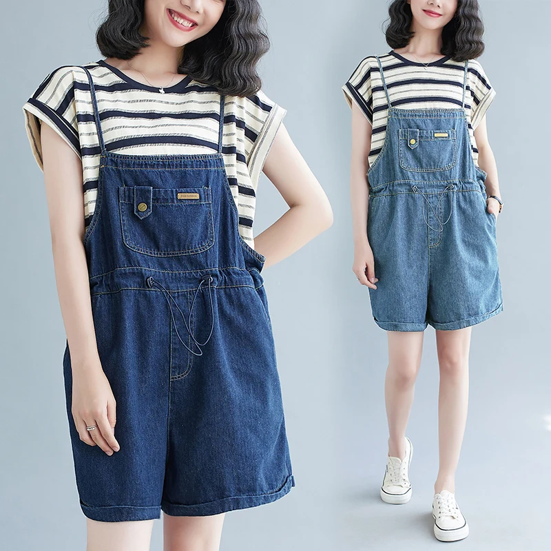 

High Waist Drawstring Denim Overalls Women's Short Pants Wide Leg Jeans Summer Collection Anti-Aging Fashion Ladies' Clothes