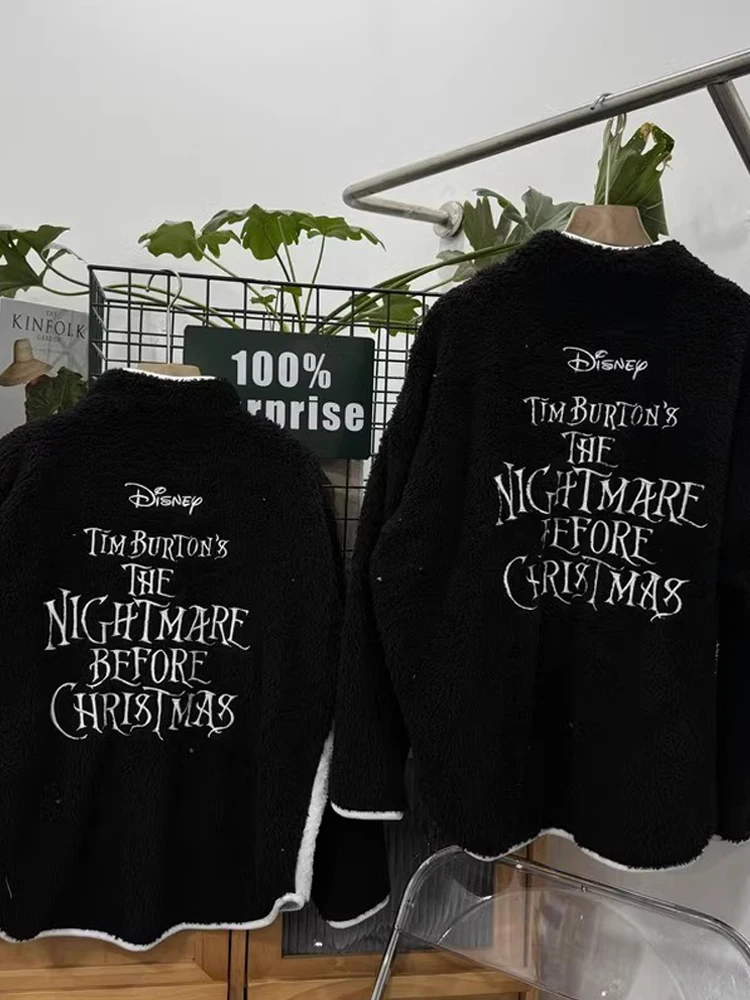 Disney The Nightmare Before Christmas Letter Print Embroidery Sweatshirt Women Zip Velvet Jumper Fleece Jacket Tops Femme Black