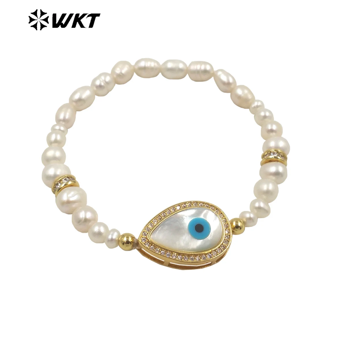 WT-MPB048 WKT Fashion Natural Freshwater Pearl Bracelet Round Devil Eye Shell Waterdrop Heart Eye Shape Shell Gold Bracelet