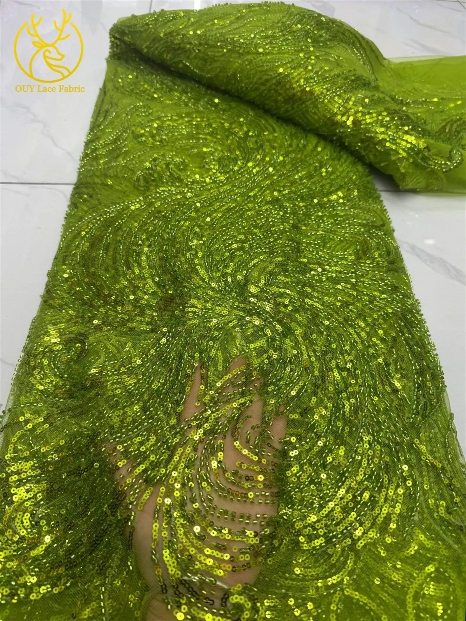 2026 Afrikanischer Perlen-Tüll-Spitzenstoff, 5 Yards, grün, hochwertige französische nigerianische Pailletten-Spitze für Party- und Abendkleider zum Nähen – Detail 9