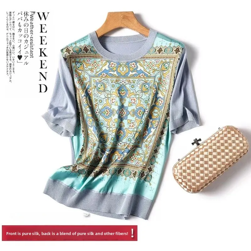 T-shirt tricoté en soie imprimé épissure ort Sve pour femmes Faion Outlet Store Bright Tead/Bead pour les déplacements Sle Polyester Nylon