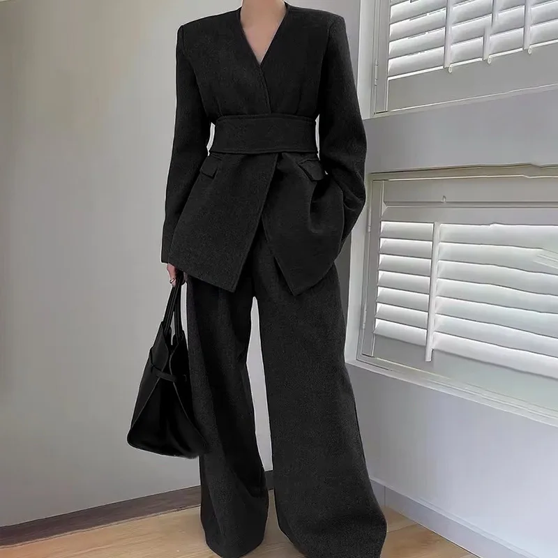 FANAN Elegant 2 Piece Set Women's Belt Gathered Waist Fit Blazer High Waist Straight Wide Leg Pants Wool Clothes 2025 Spring New