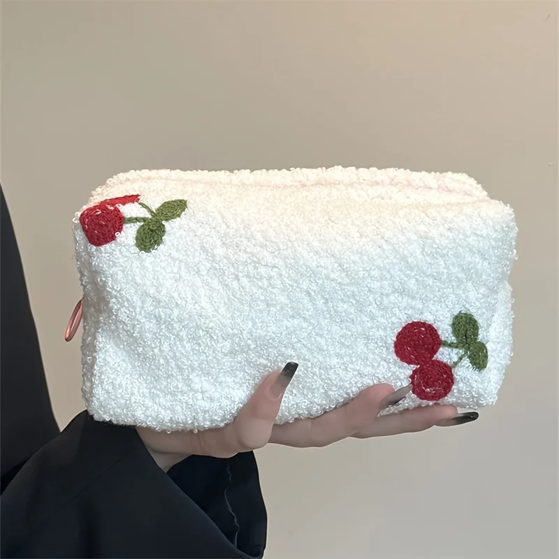 Cute Large Capacity Storage Bag Cherry Print Pillow Makeup Bag Autumn Winter Ladies Skincare Zipper Handbag
