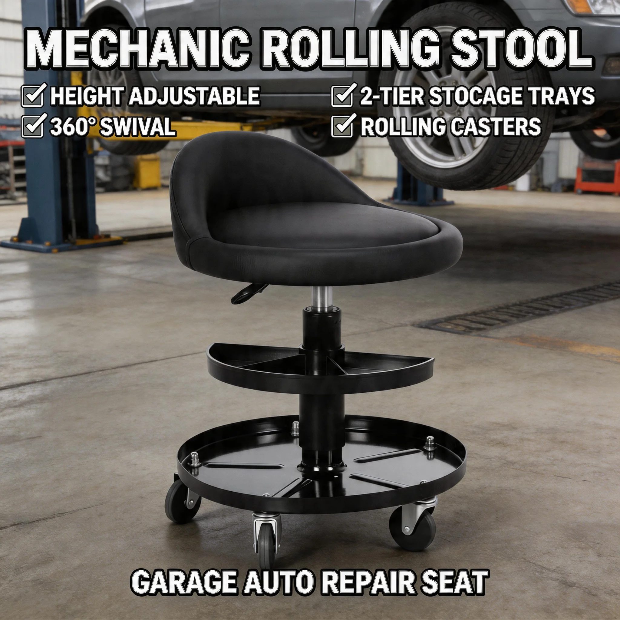

360 Degree Rotation Car Repair Creeper Adjustable Work Stool with Backrest Multi Use Double Tool Roll Body Repair Equipment
