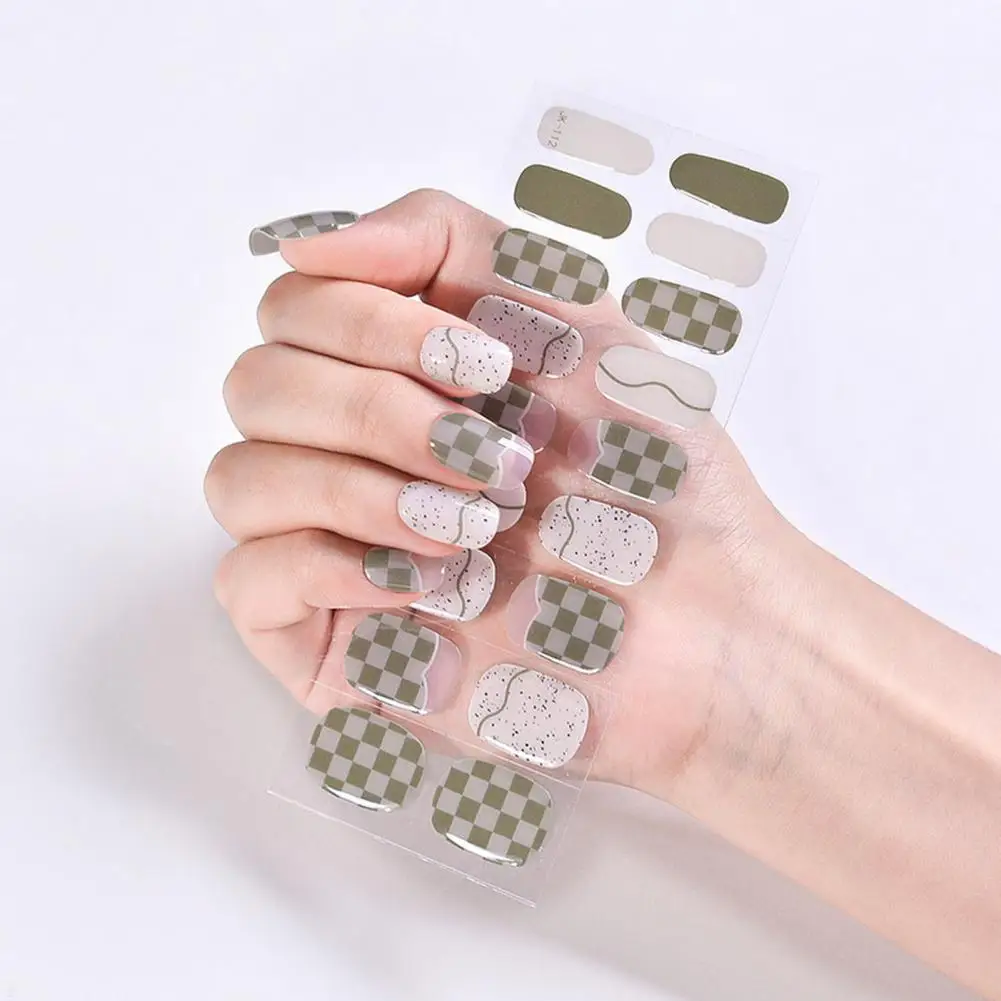 Easy to Apply Nail Strips Gel Nail Strips Geometric Plaid Flower Pattern Nail Stickers Uv Resistant Gel Patches for Safe Diy Art