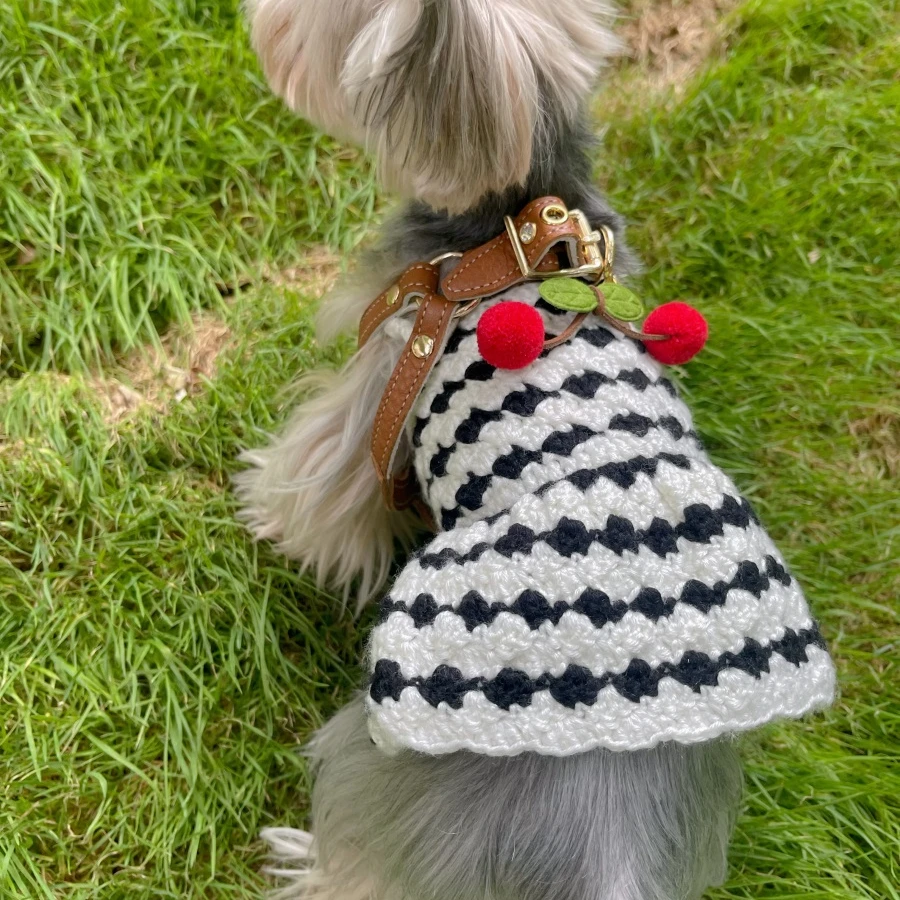 Pet Sling Dress Dog Yorkshire Autumn Winter Warm Hand Knitted Sweater Black White Cherry Sling Dress Dog Clothes for Small Dogs