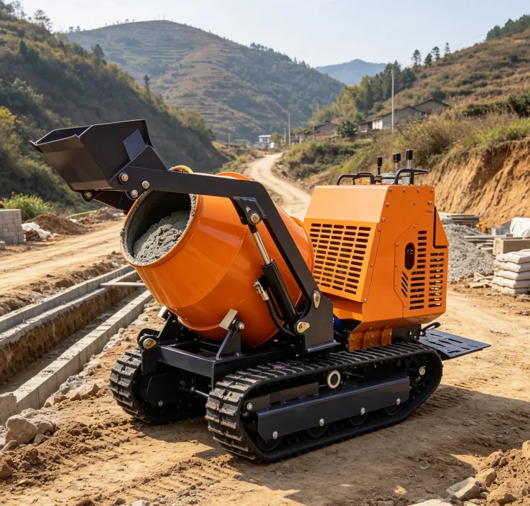 High Efficiency Portable Mini Crawler Concrete Dumper Mixer 450L Hydraulic Self Loading Tracked Tank for Terrain Building