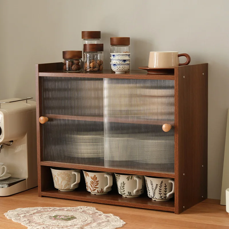 

Solid Wood Tea Set Organizer Cabinet Spacious Desktop Storage Box Multi-Purpose Mugs Cups Drawer Shelf Home Decor Display Case