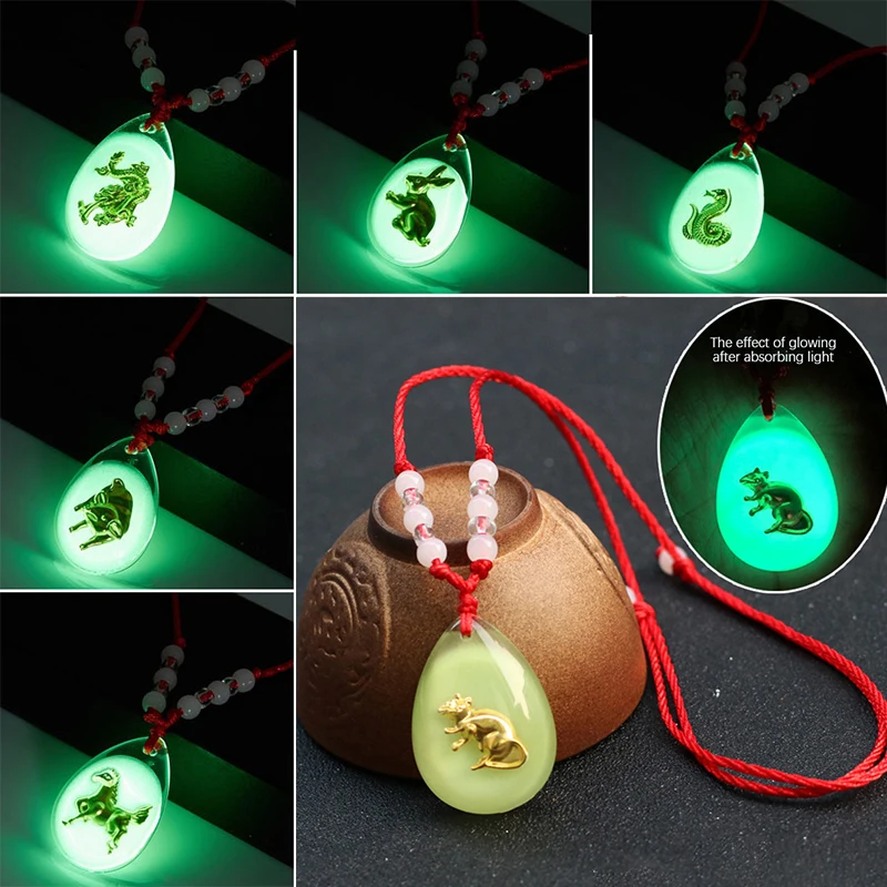 Artificial crystal Chinese Zodiac Red Rop Pendant Necklace Luminous Bead Constellation Animal Choker Lucky Jewelry Gift Souvenir