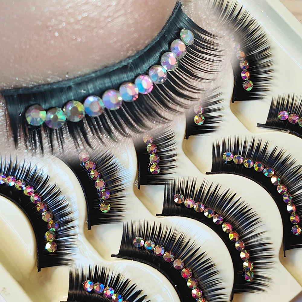 5 ペアメイクアップダイヤモンドつけまつげ長く厚い輝くダイヤモンドまつげパーティーショーキャットウォークハロウィンクリスマスラテンまつげ