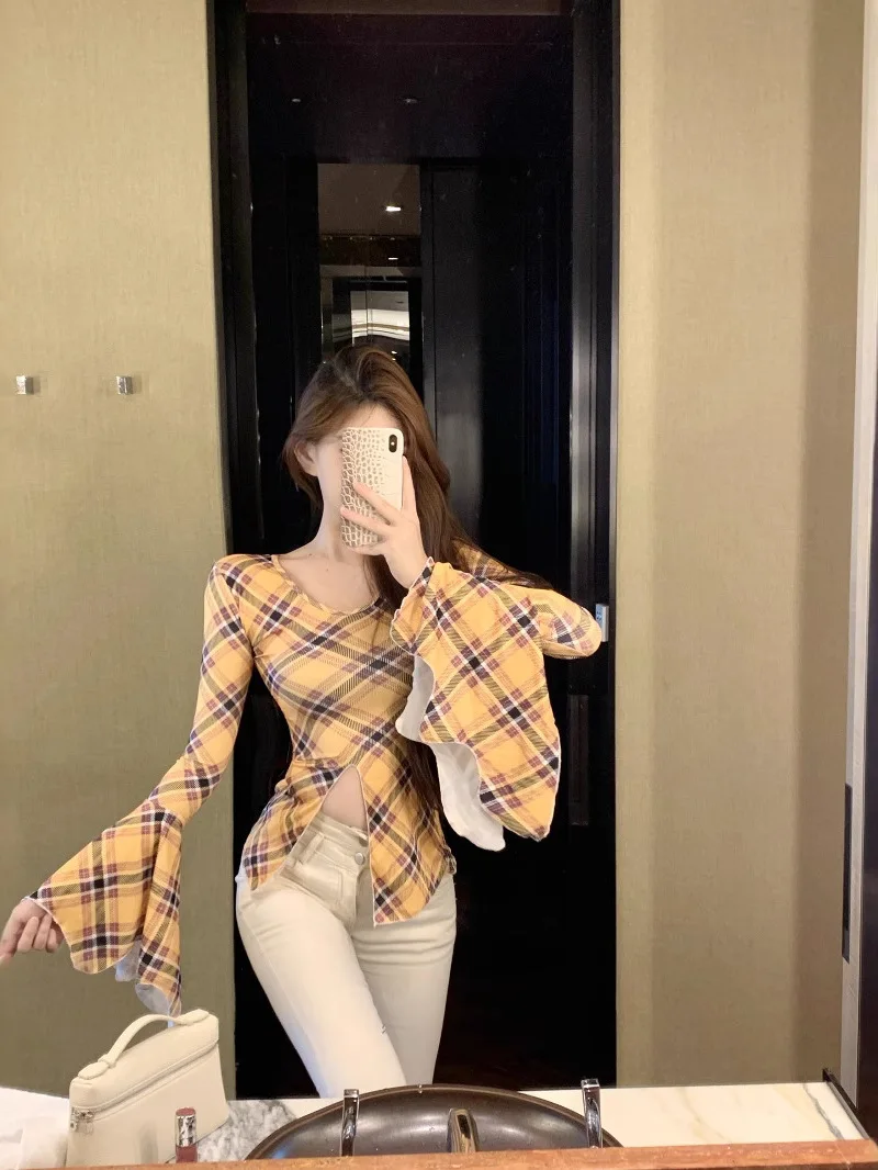 Korean Version Design Sense Front Slit Checkered Print V-neck Slim Trumpet Sleeves Spicy Girl Cinching Waist Casual Top XU78