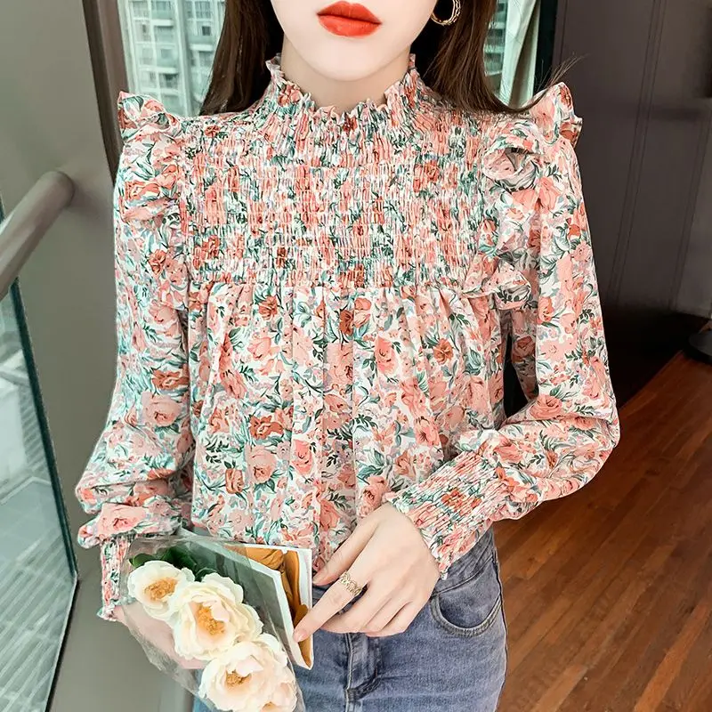 Elegant Fashion Harajuku Slim Fit Blouse Stand Collar Patchwork Printed Long Sleeve Tops Women Casual All Match Female Clothes