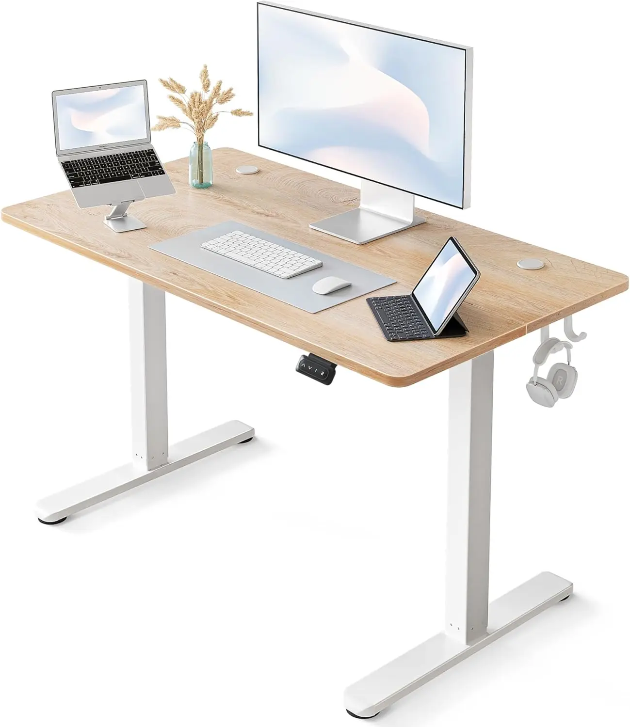 Electric upright office desk, 40x24 inch high adjustable upright office desk, sitting upright home computer desk, maple wood