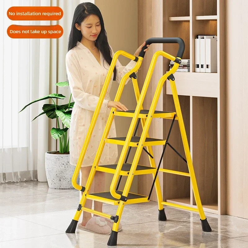 New folding ladder with safety handrail, household folding zigzag ladder, widened step ladder, thickened steel pipe anti slide