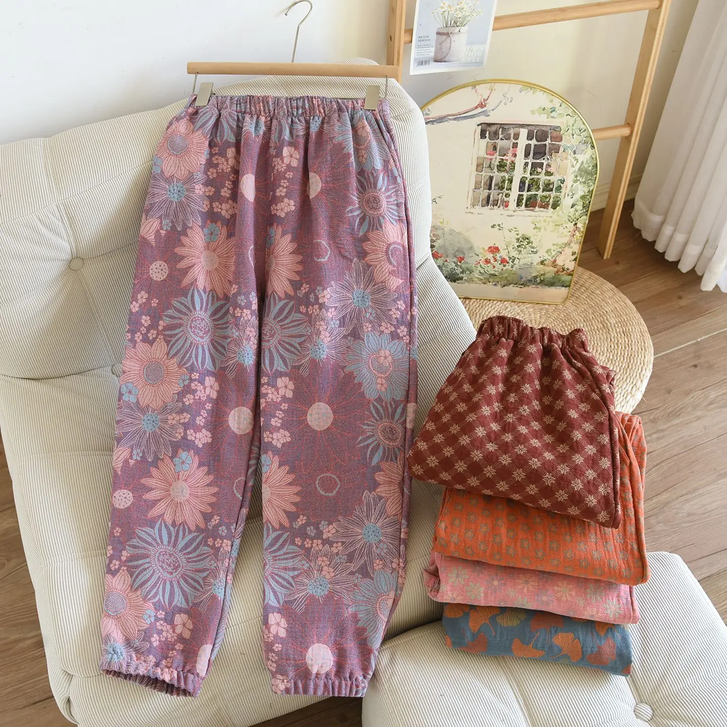 

Ladies retro Jacquard pajamas loose casual pants in spring, summer and autumn cotton home pants can be worn outside
