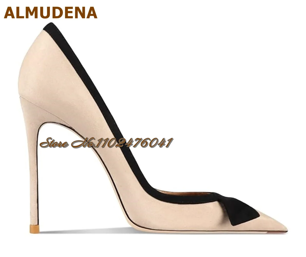 ALMUDENA Beige Stiletto Heels Dress Shoes Black Butterfly-Knot Patchwork Elegant Evening Pumps Pointed Toe Shallow Heels 12Cm