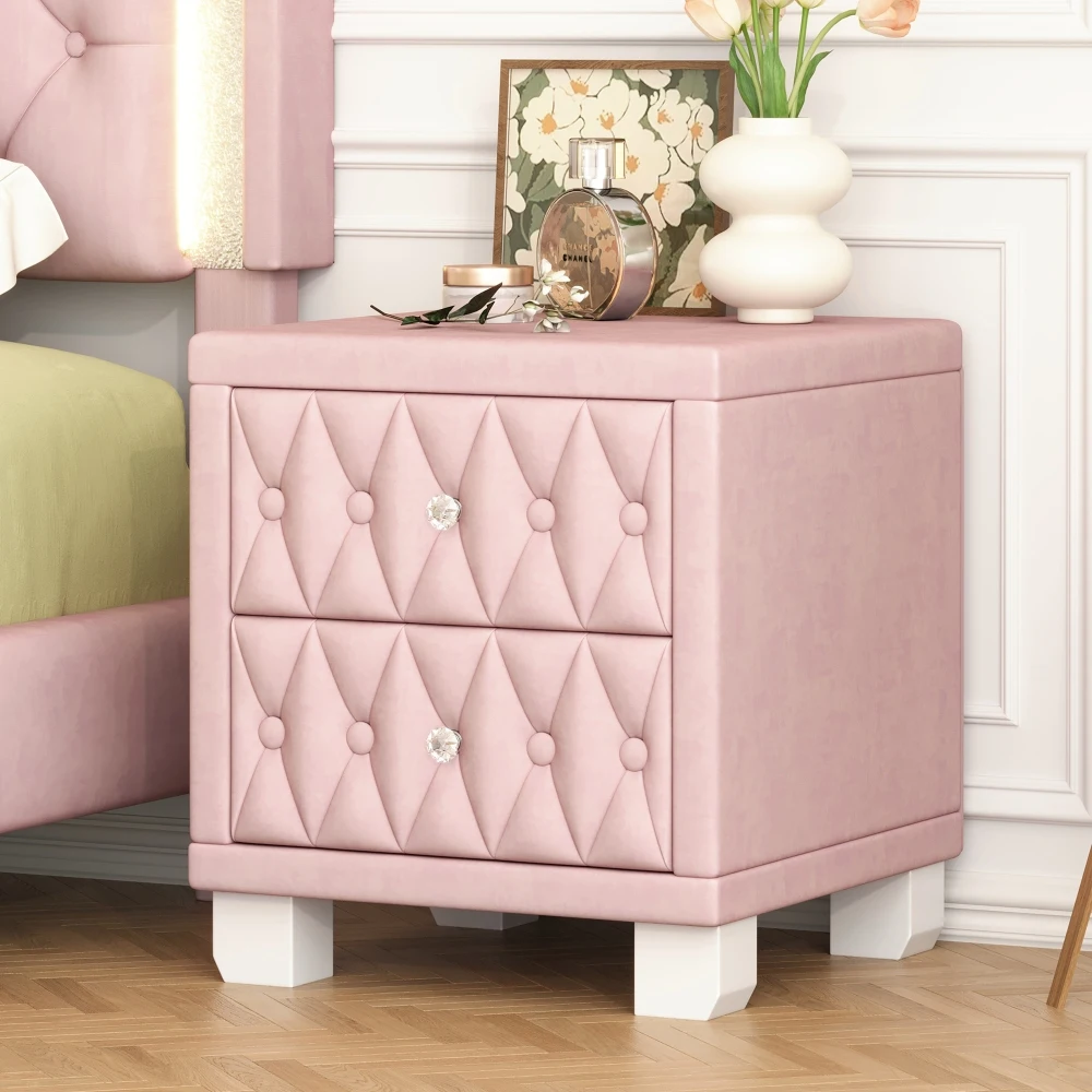 Elegant Velvet Nightstand with 2 Drawers and Crystal Handle, Storage Bedside Table with Button-Tufted, Pink