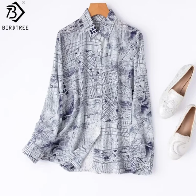 

Birdtree, 100% Real Silk Print Blouse, Double Crepe Lapel Tops, Women's Full Sleeve Chic Loose Shirt, 2026 Spring New T63445JF