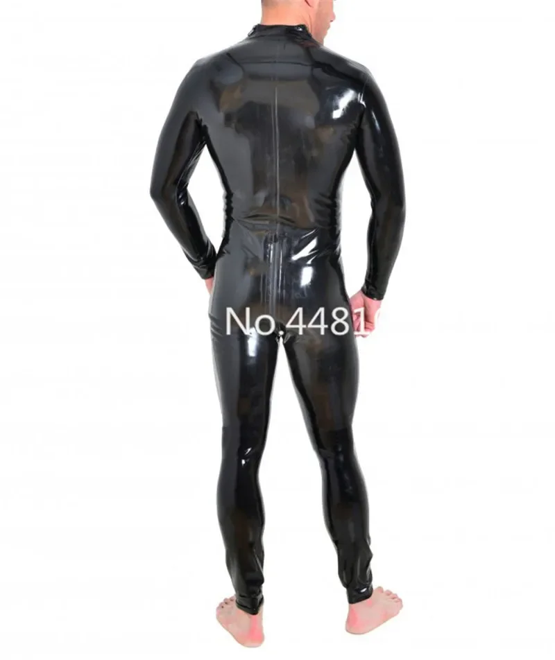 Handmade Man's Shoulder Entry Latex Rubber Catsuit Black Latex Crotch Zipper Tight Skin Bodysuit Cosplay Costumes Plug Size