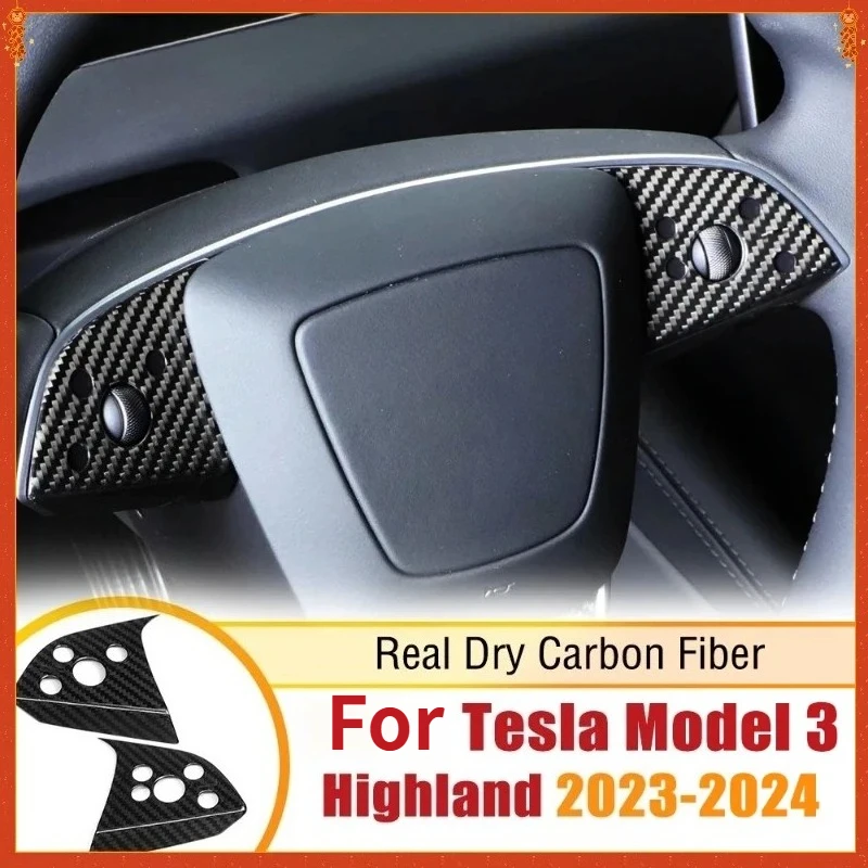 

For Tesla Model 3 Highland Dry Carbon Fiber Steering Wheel Button Panel Cover Car Interior Decoration Sticker 2024 Accessories