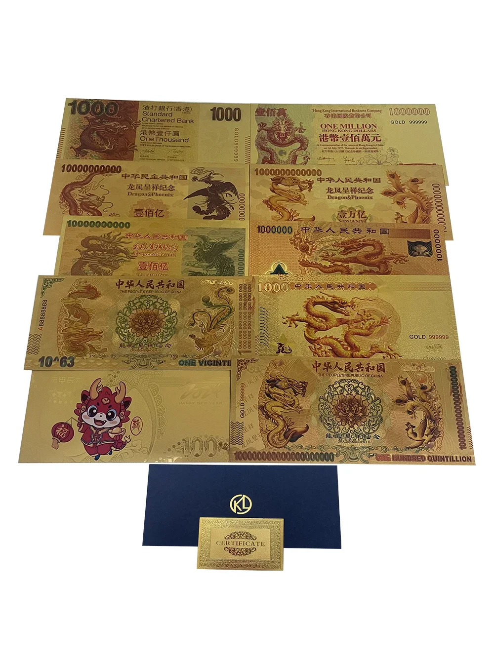 

10 Designs Chinese Dragon Year New Year Gold Foil Banknote Gift Commemorative Chinese Traditional Mascot Gift for Collection