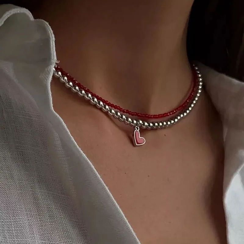 Elegant Multi-layer Beads Chain Choker Necklace Women Exquisite Romantic Red Heart Pendant Sweater Chain Lady Charm Jewelry N269