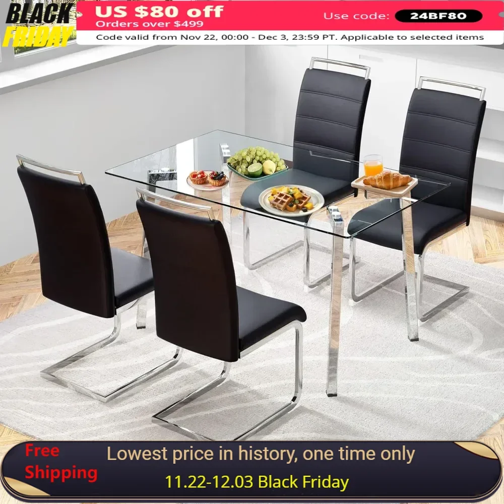 

51“ Dining Table Set, 0.31”Thick Tempered Glass Tables Top with 4 Chrome Plate Metal Legs, 4 PU Leather Chairs, Dining Room Sets