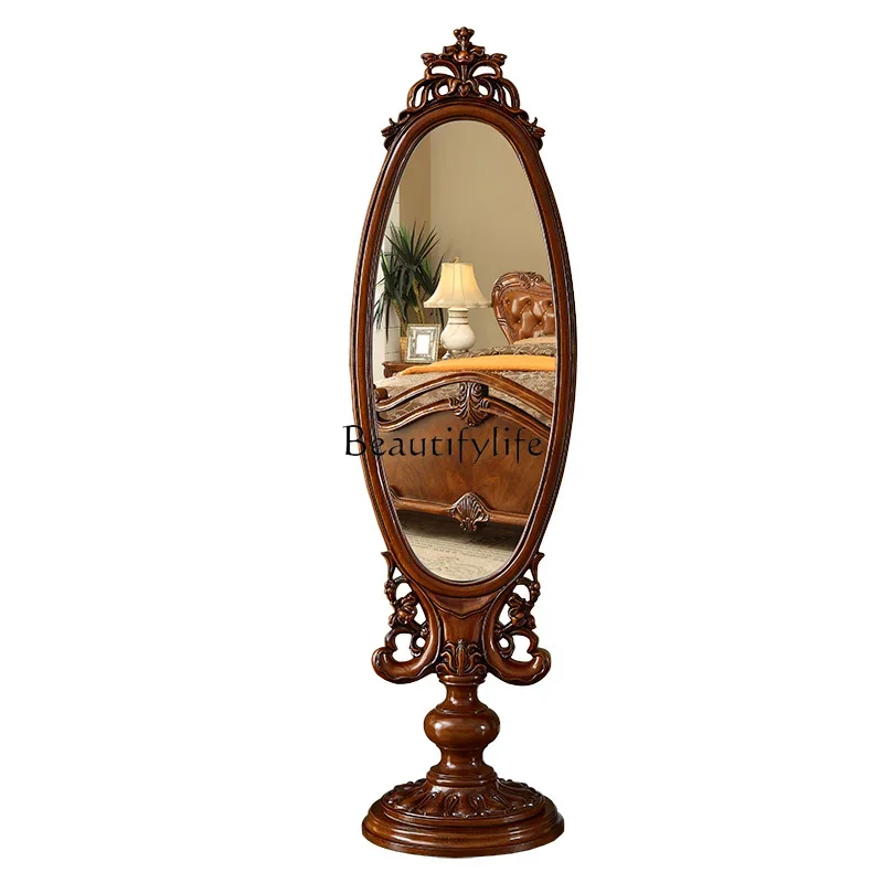 

LLEuropean solid wood fitting mirror retro rotatable floor double-sided mirror oval