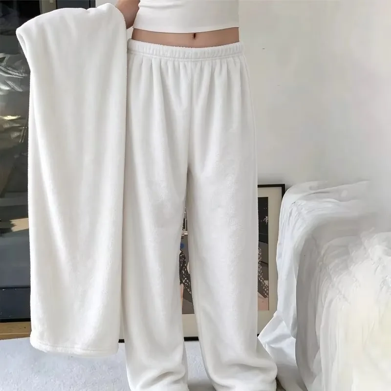 Cute White Kitty Apple Heart Print Flannel Sleep Trousers Soft Warm Wide Leg Loungewear for Women Holiday Birthday Gift