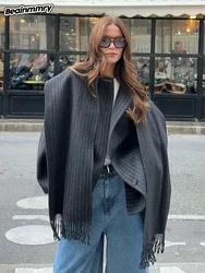 Elegant Dark Grey Tassels Scarf Stripe Wool Blend Coat Women Fashion Single Breasted Coats 2024 New Lady Commute Street Outwear