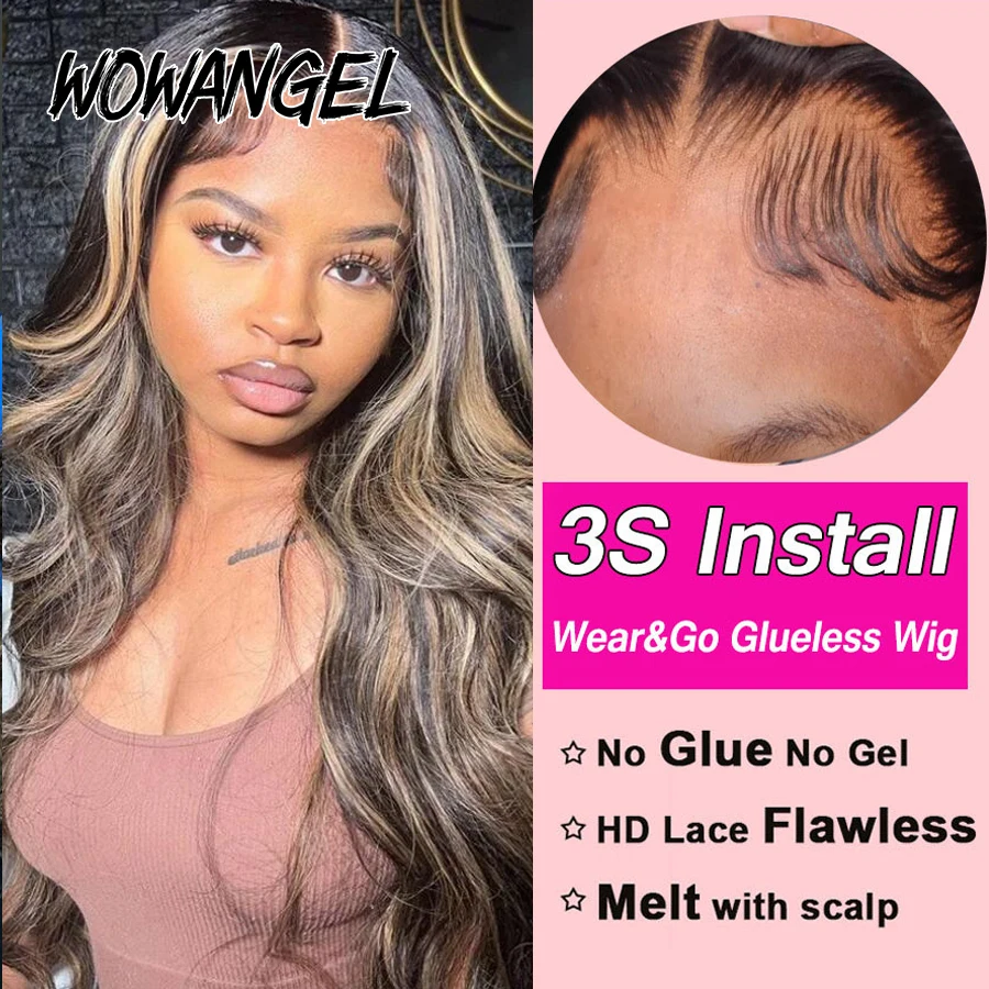 WOWANGEL 5x5 HD Lace Closure Wigs 1B27 Highlight Colored Wigs Glueless Wigs Ready to Go Body Wave Human Hair Wigs Pre Plucked