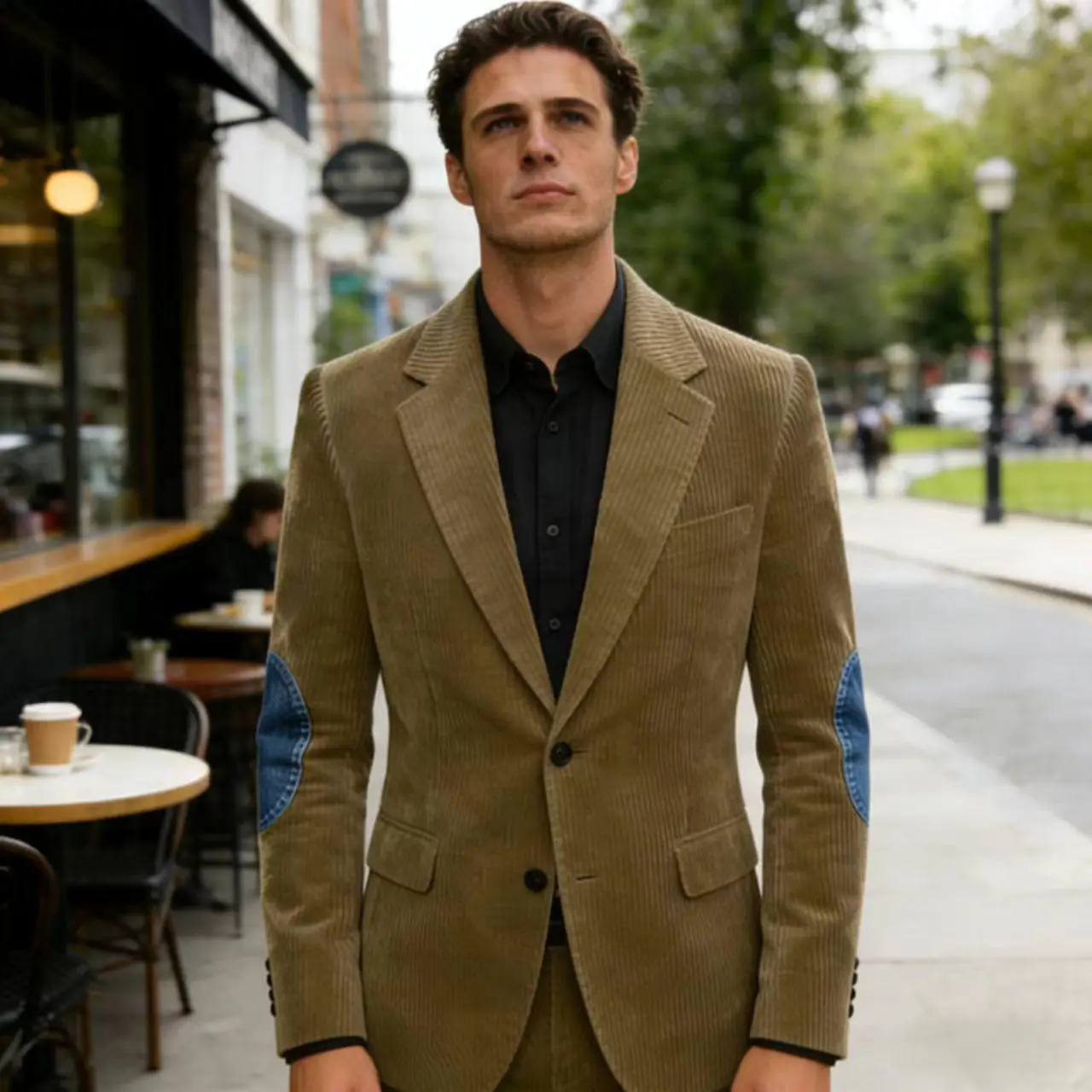 

Vintage Men's Corduroy Blazer Jacket with Denim Elbow Patches Casual Business Notch Lapel Suit Sport Coats for Men Spring
