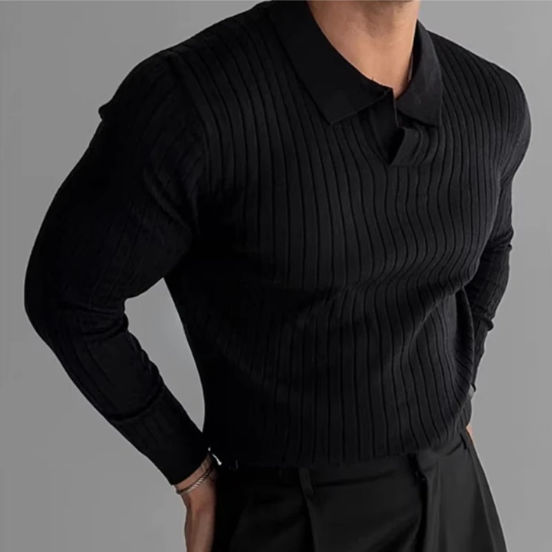 Chic Korean Men's Elastic Ribbed Collar Knit Pullover Spring Fall Versatile Slim Tee