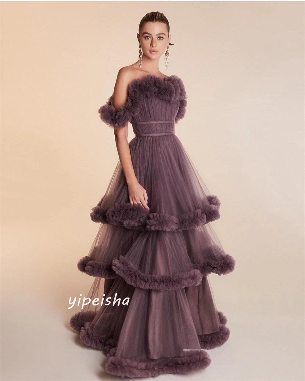 Customized Prom Dress Yipeisha Simple Modern Style Formal Evening Off The Shoulder A-line Tiered Tulle Bespoke Occasion Dresses