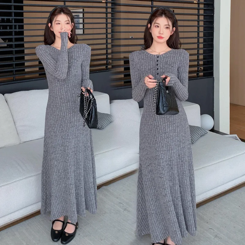 Платье для беременных, осеннее эластичное трикотажное платье трапециевидной формы в рубчик, привлекательное платье для беременных с длинными рукавами, модное