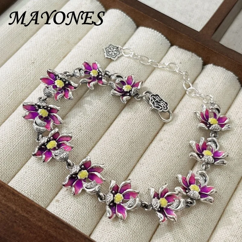 

MAYONES S999 Zuyin Women's Ethnic Style Burnt Blue Lotus Bracelet Pure Silver Jewelry Charm Gift