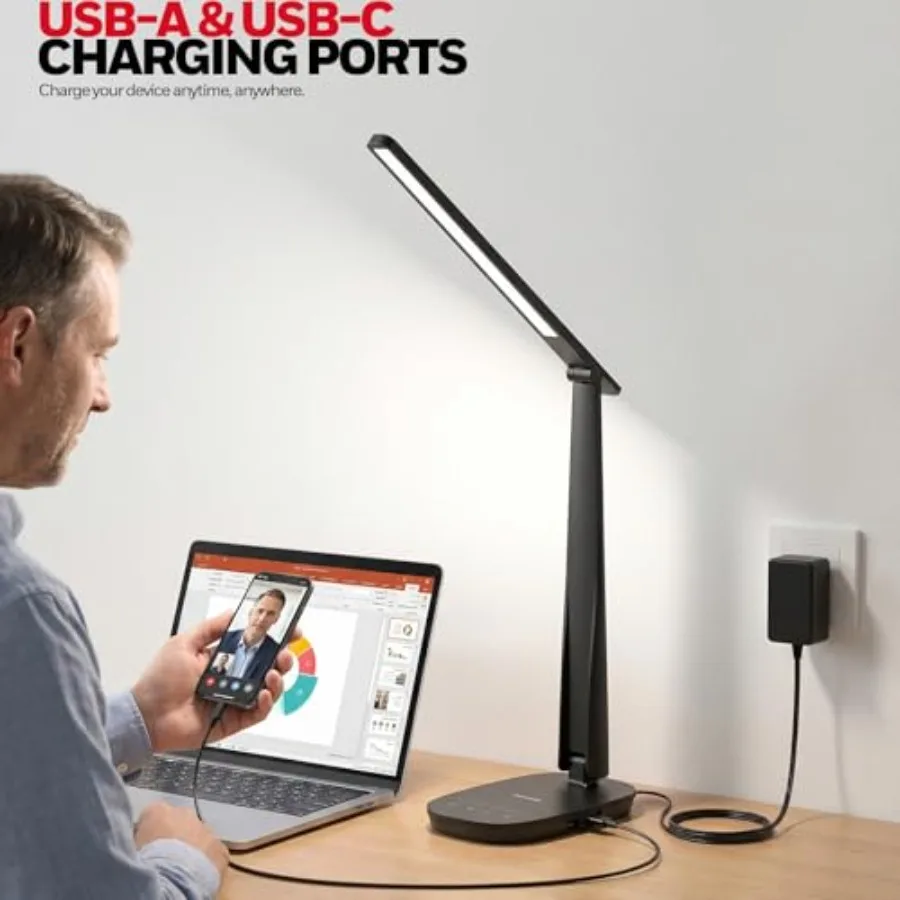 LED Desk Lamp for Home Office, Eye-Caring Dimmable Reading Light with 4 Color Modes, Touch Control, USB-A and USB-C Charging Po view 5