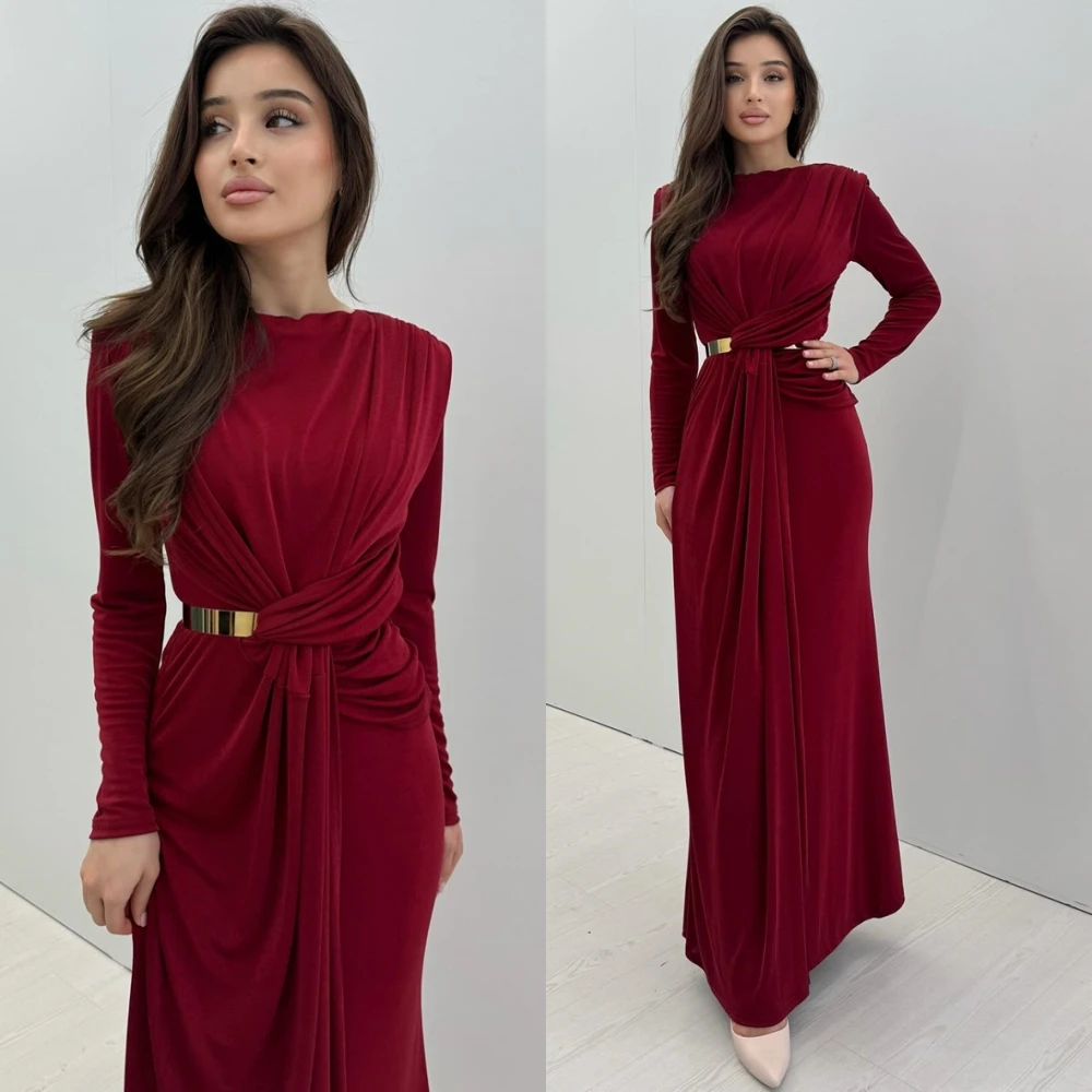 

Customized Simple Satin Evening Dress Exquisite Long Sleeves Prom Dresses Modern High Collar Special Occasion Gowns