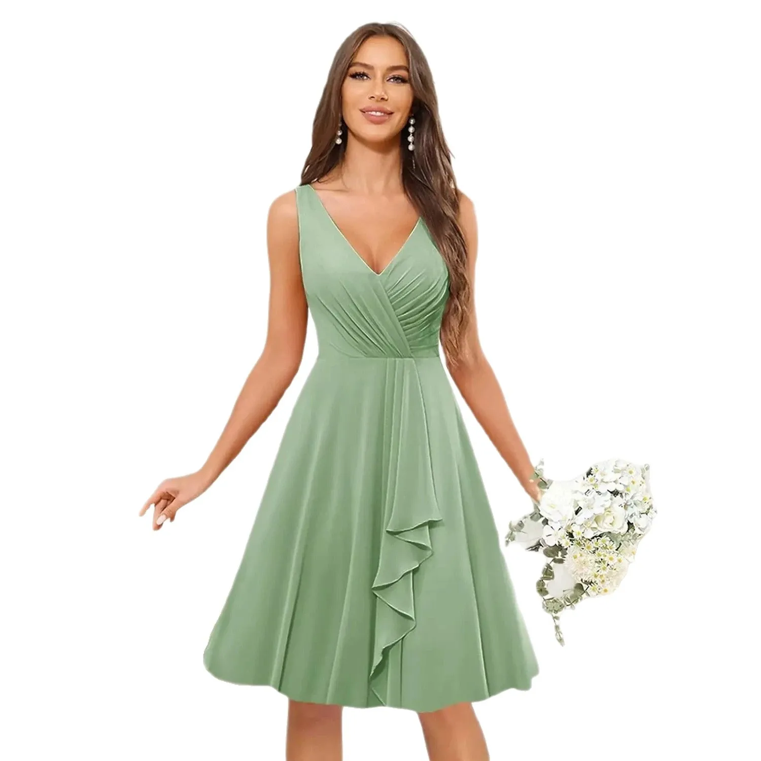 V Neck Sleeveless Ruched Chiffon Bridesmaid Dress Knee Length Ruffle A Line Short Formal Wedding Party Dresses Vestido view 5
