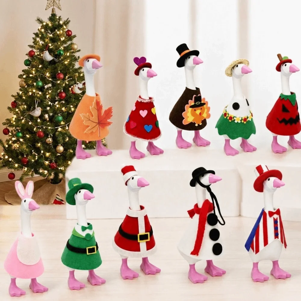 Soft Fabric Goose Statue Christmas Tree Shaped 7-Inch Christmas Ornament With Hat Red And White Striped Scarf Pet Clothes Home
