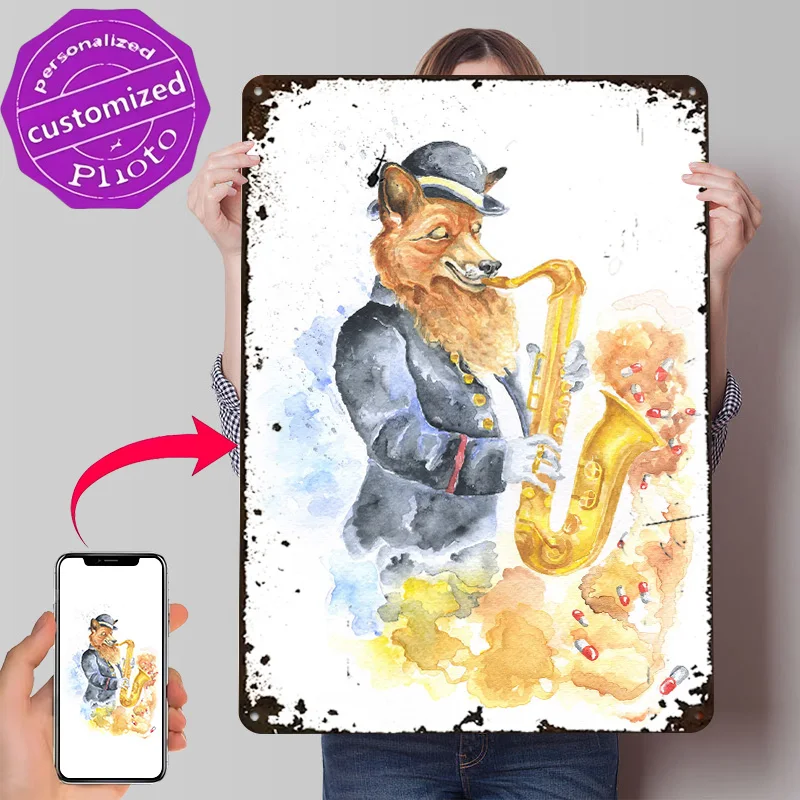 Groove Saxophone Fox 3D Texture Metal Poster Customized Wall Art Tin Sign Gift for Mancave Gaming Decoration Room Desk Decor