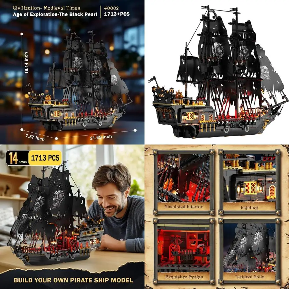 Kit de modelo de navio pirata iluminado 40002: Conjunto de construção adulto de 1713 peças para maiores de 14 anos, ideal para decoração de casa ou escritório