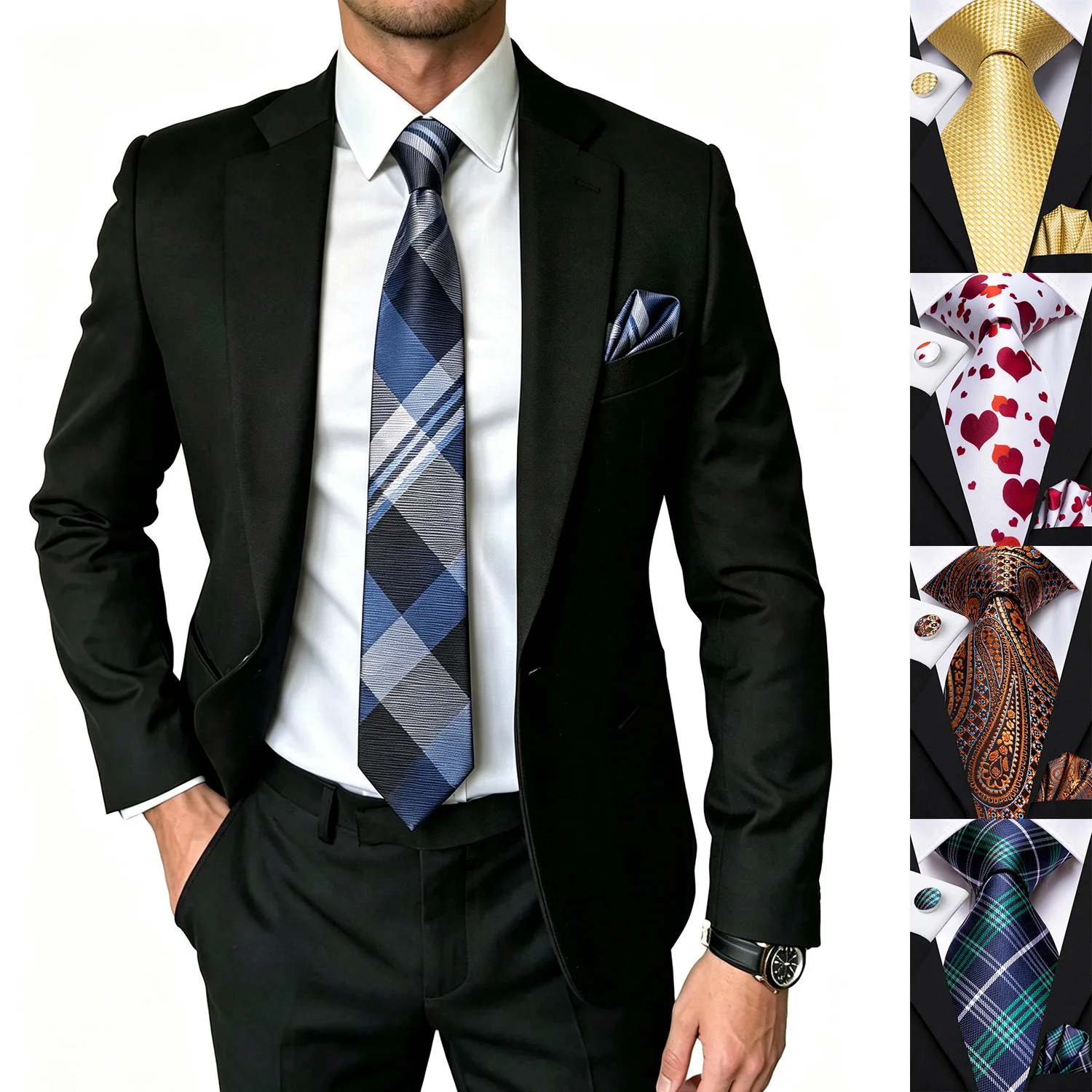 Multiple Pattern Mens Tie Set 3 Piece, Necktie Pocket Square Cufflinks For Formal Wear