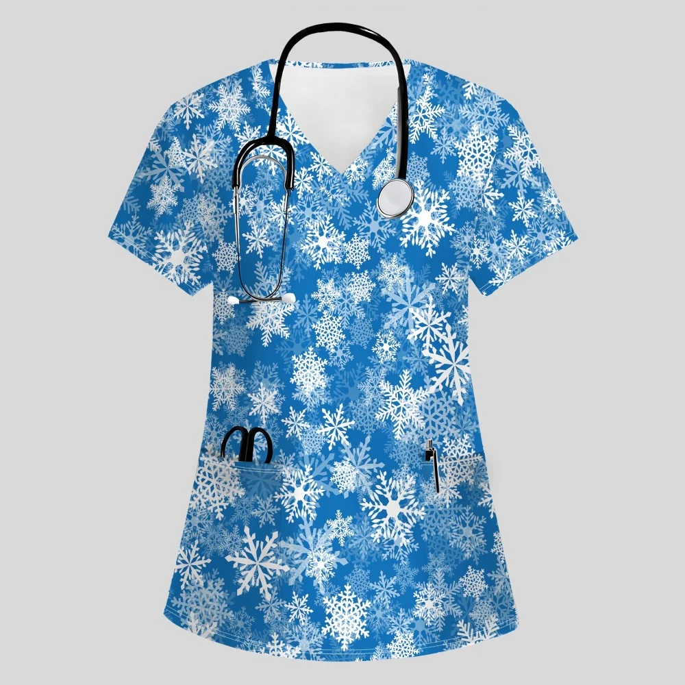

Christmas Clinical Uniform Woman Blue Background Snowflake Print Christmas V-Neck T-Shirt with Pockets Nurse Uniform Woman Top