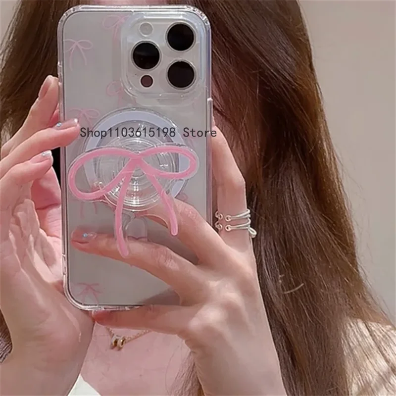 

Korean Cute Pink Bow For Magsafe Magnetic Phone Griptok Grip Tok Stand For iPhone 16 Foldable Wireless Charging Case Holder Ring