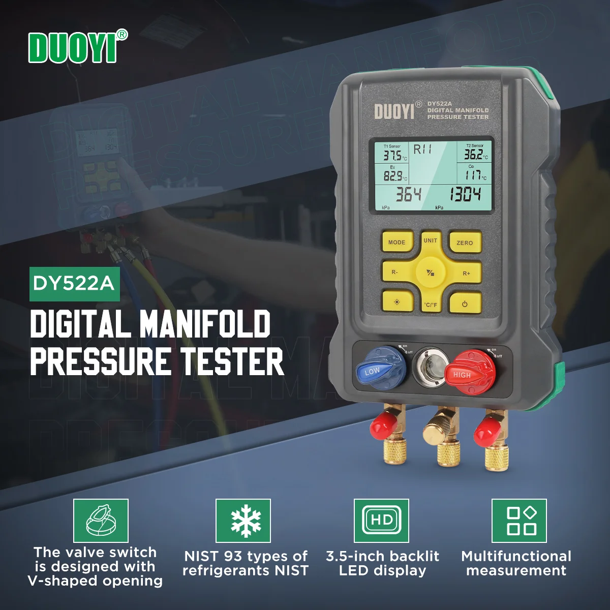 DUOYI DY522A Intelligent Electronic Refrigerant Table Manifold Gauge Air Condition Refrigeration Set for R134A 500 PSI PK DY517